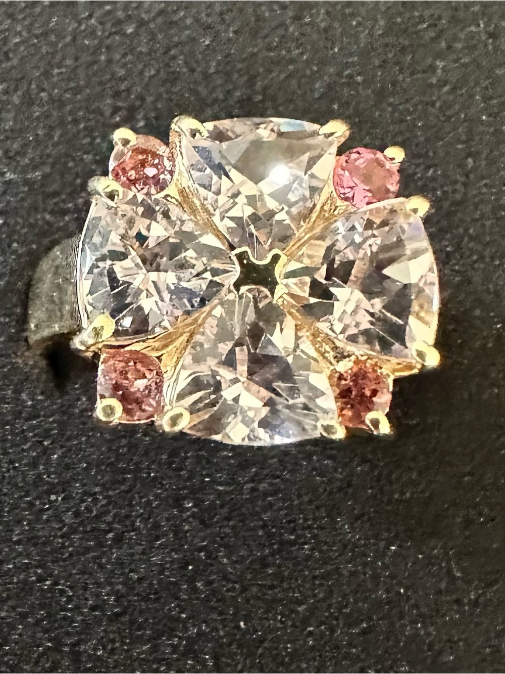 Heavy 8.2g Solid 14K Yellow Gold Trillion White Topaz & Pink Tourmaline Clover 7